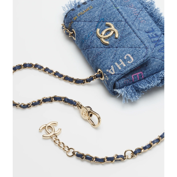Chanel 22P Blue Denim Graffiti Black Pink CC Logo Frayed Credit Card Belt Bag - Picture 8 of 16